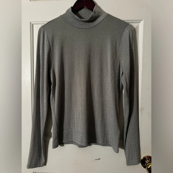 NWT J. CREW Sparkly Metallic Silver Shimmer Mock Turtleneck LARGE Stretch - Picture 1 of 10